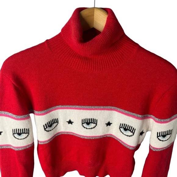 Chiara Ferragni Logomania Turtleneck Sweater Red Size Medium Cropped Wool Blend - Picture 3 of 7